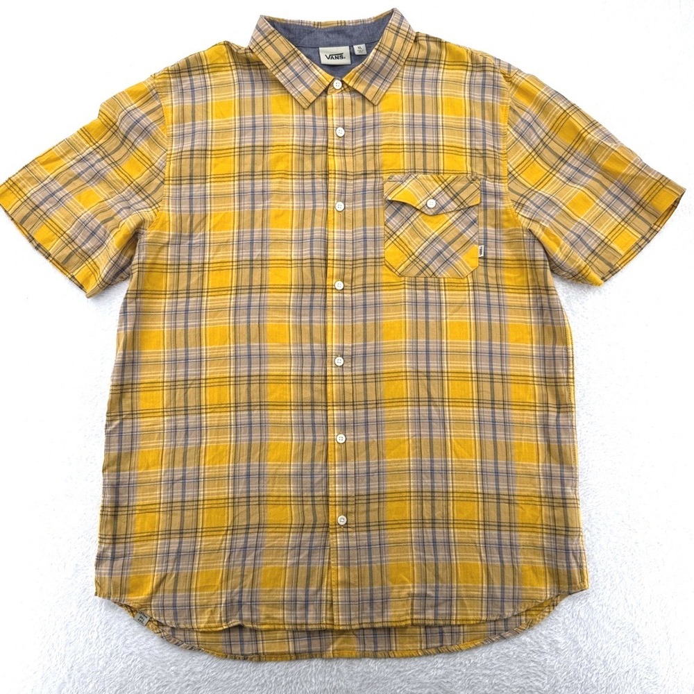 VANS Off The Wall Mens Button Down Shirt XL Yellow Plaid Short Sleeve Casual